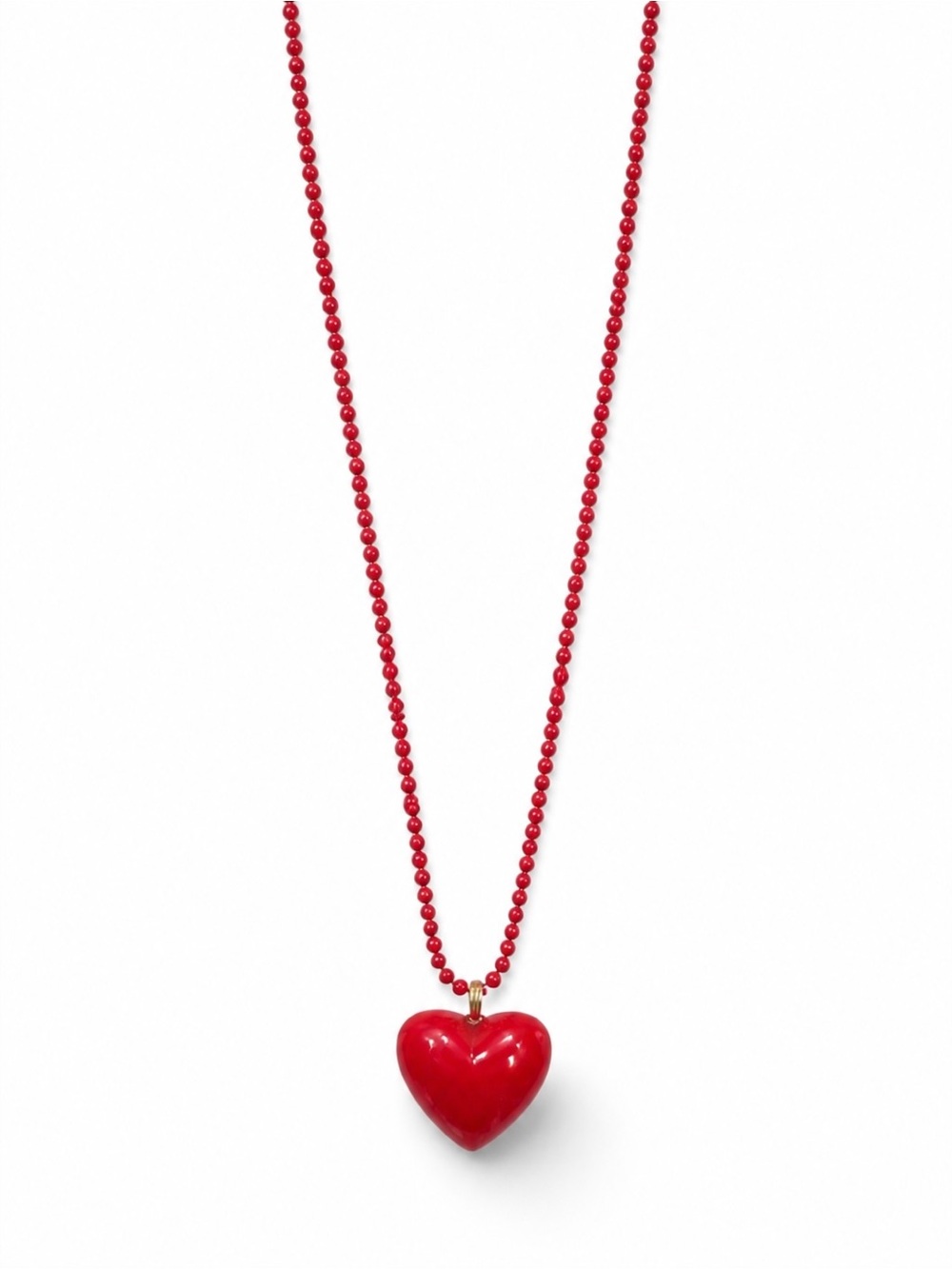 Vintage Red Beaded Necklace Large Heart Pendant Long Statement Jewelry